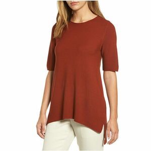 EILEEN FISHER Brick Red 100% Tencel Knit Drapey High Low Top Small Petite